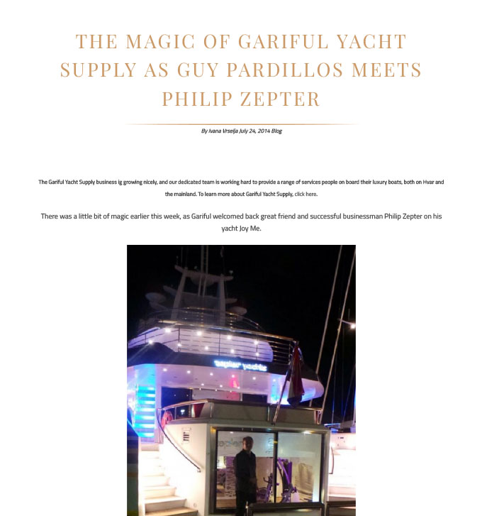 Press feature about Guy Pardillos and yacht entertainment