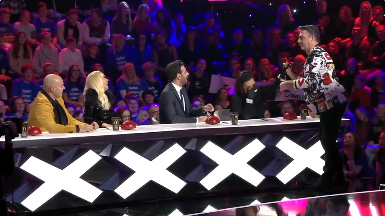 Guy Pardillos performing for a television talent-show jury